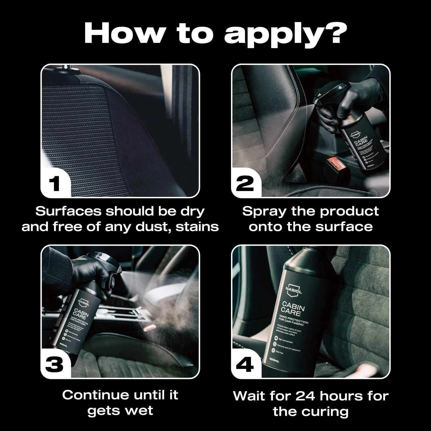 Nasiol CabinCare Fabric Interior Protectant for Automotive Upholstery & Carpet Long-Lasting Hydrophobic Protection for Seats, Carpets & Convertible Tops